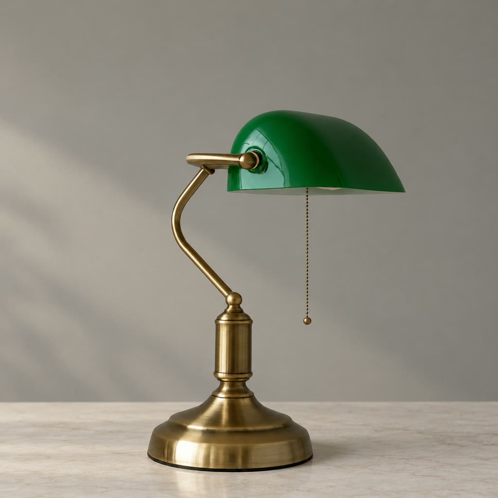 Green banker’s desk lamp with antique brass finish