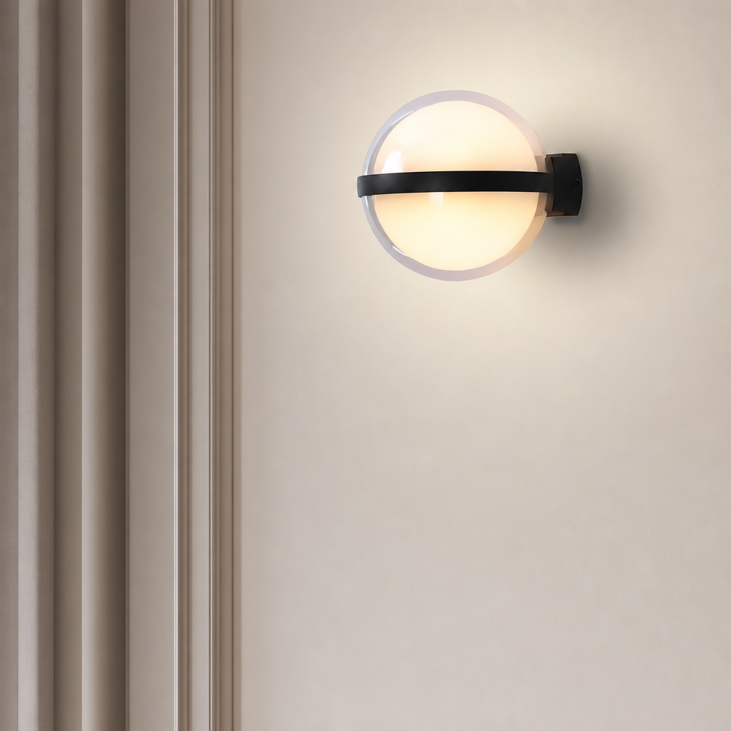 Glowing round wall sconce with a black horizontal band on a pale wall.