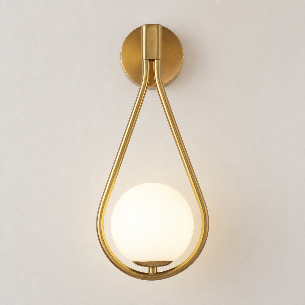 Brass teardrop wall sconce with a glowing white globe shade on a light neutral wall.