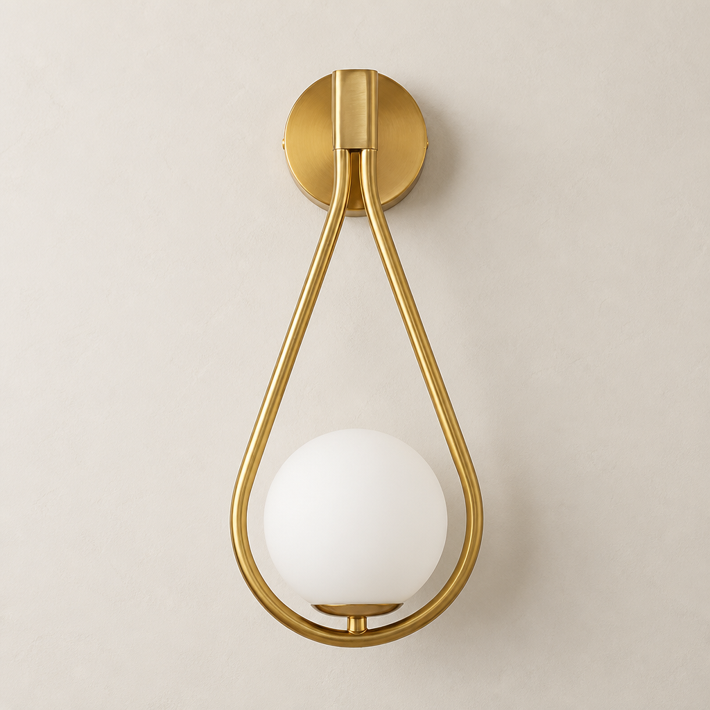 Brass teardrop wall sconce with a round white glass globe on a light gray wall.