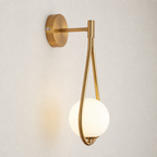Brushed gold wall sconce with a glowing frosted glass globe on a pale wall.