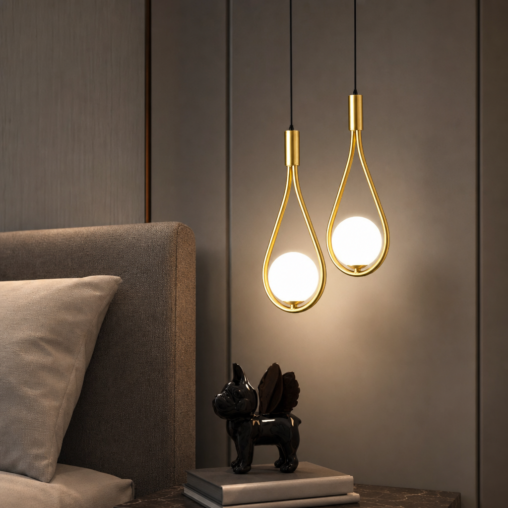 Two gold teardrop pendant lights with glowing white bulbs hang beside a bed headboard.