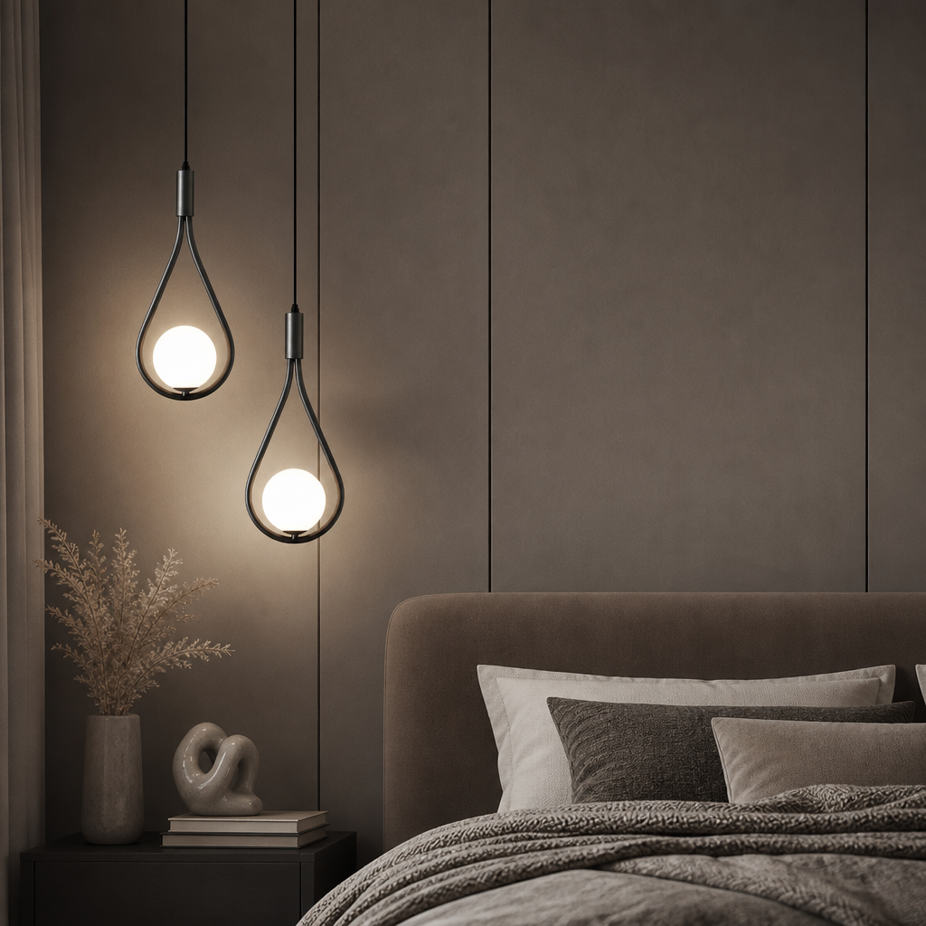 Two glowing teardrop pendant lights hang beside a muted modern bedroom wall.