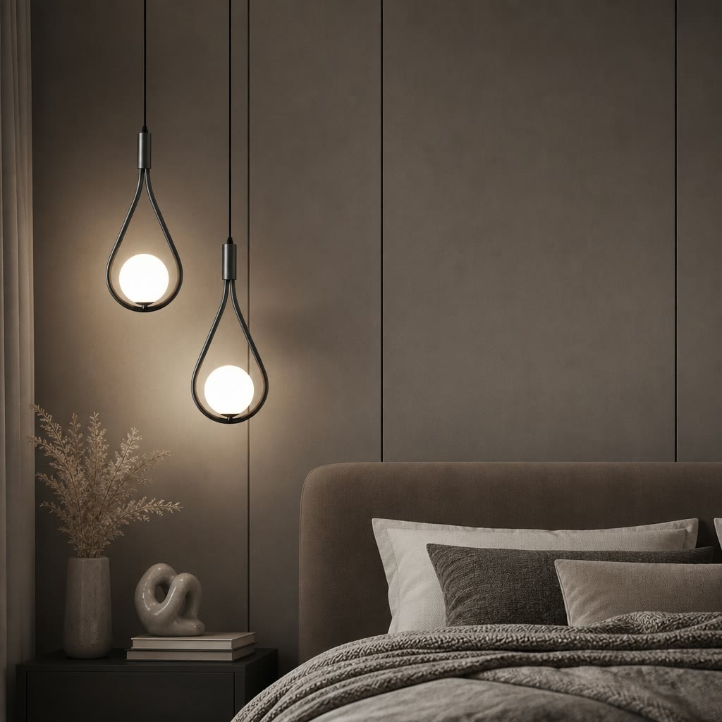 Two glowing teardrop pendant lights hang beside a muted modern bedroom wall.