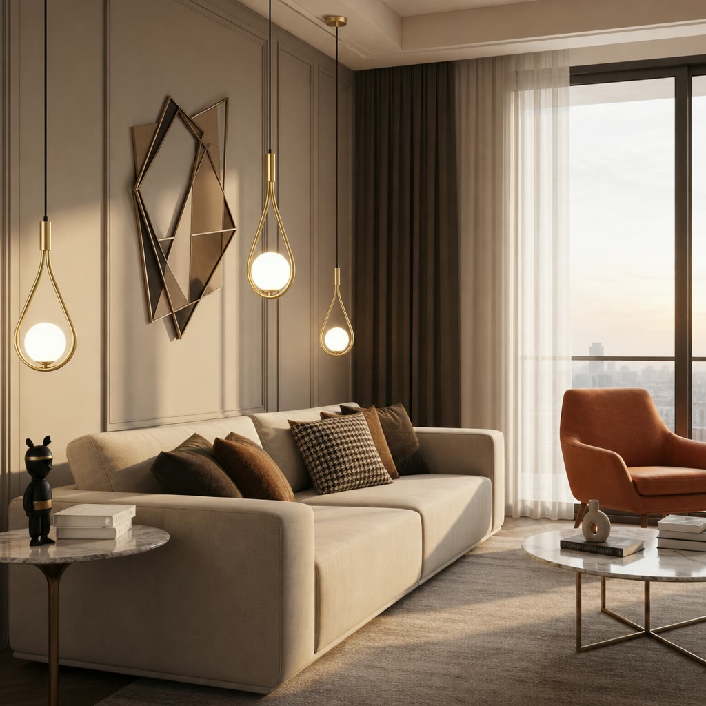 Modern living room with gold teardrop pendant lights above a beige sofa and marble tables.