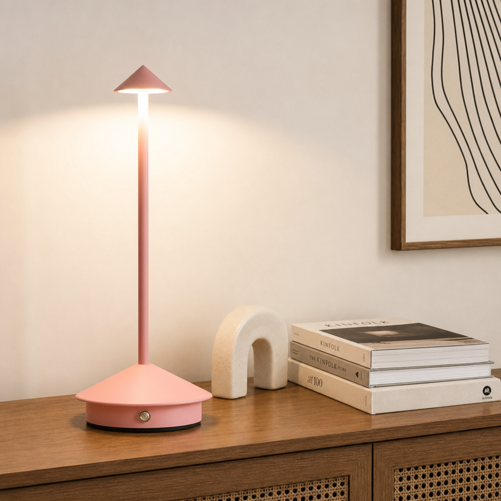 Pink touch table lamp with cone shade and base glowing on a wooden sideboard.