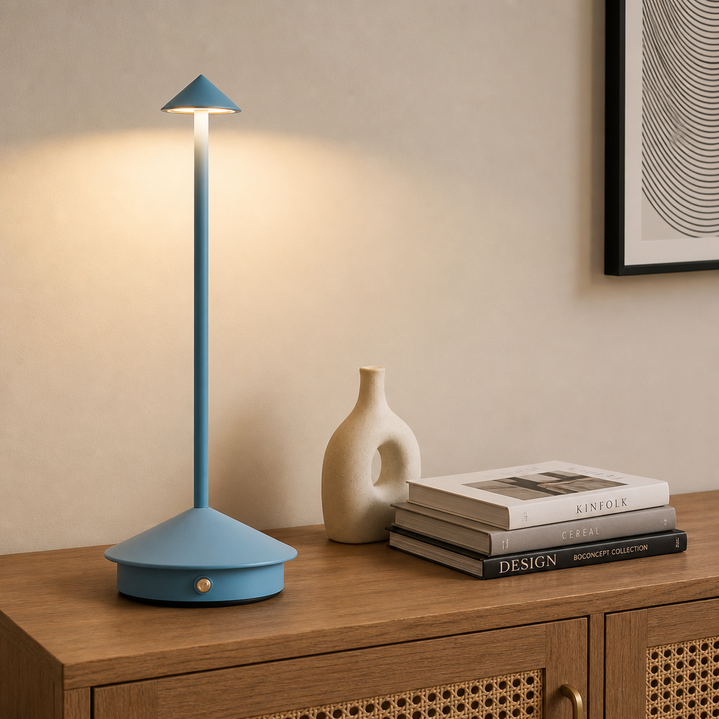 Blue touch table lamp with conical shade and round base glowing on a wooden cabinet.