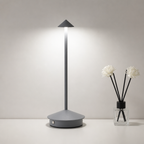 Gray cordless table lamp with a glowing cone shade beside a small reed diffuser.