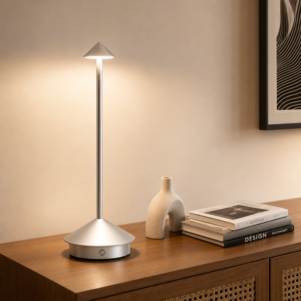 Silver touch table lamp with a slim pole and glowing cone shade on a wooden console.