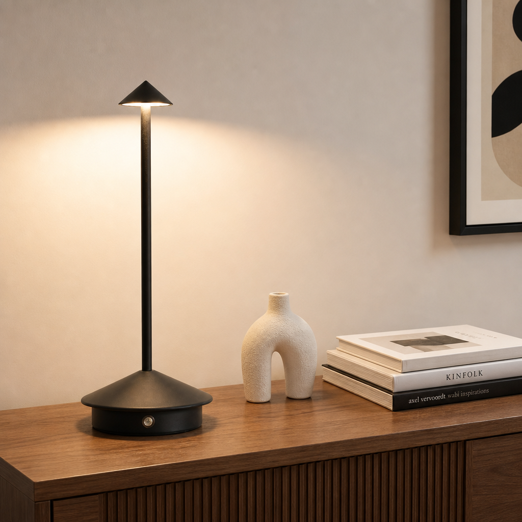 Black touch table lamp with cone shade on a wooden sideboard.