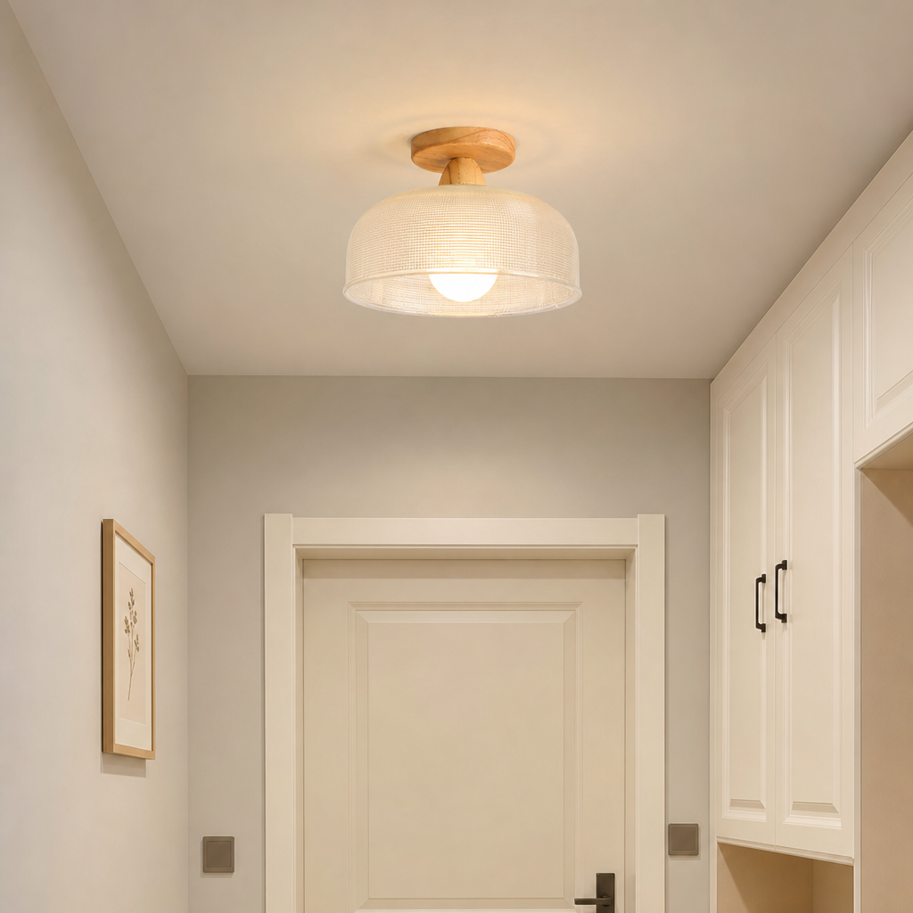 Wood and woven cream semi-flush ceiling light glowing in a cozy hallway.