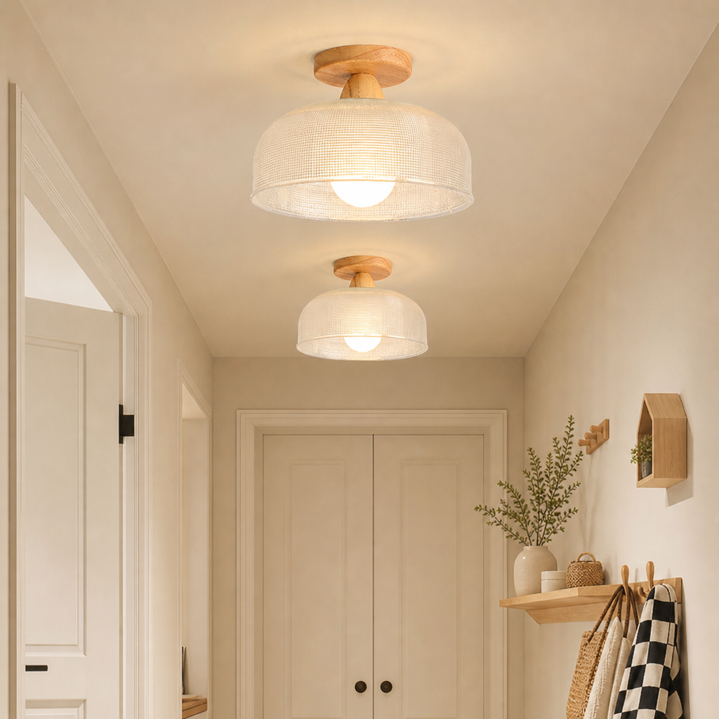 Two warm woven flush mount ceiling lights with wood bases illuminate a cozy hallway.