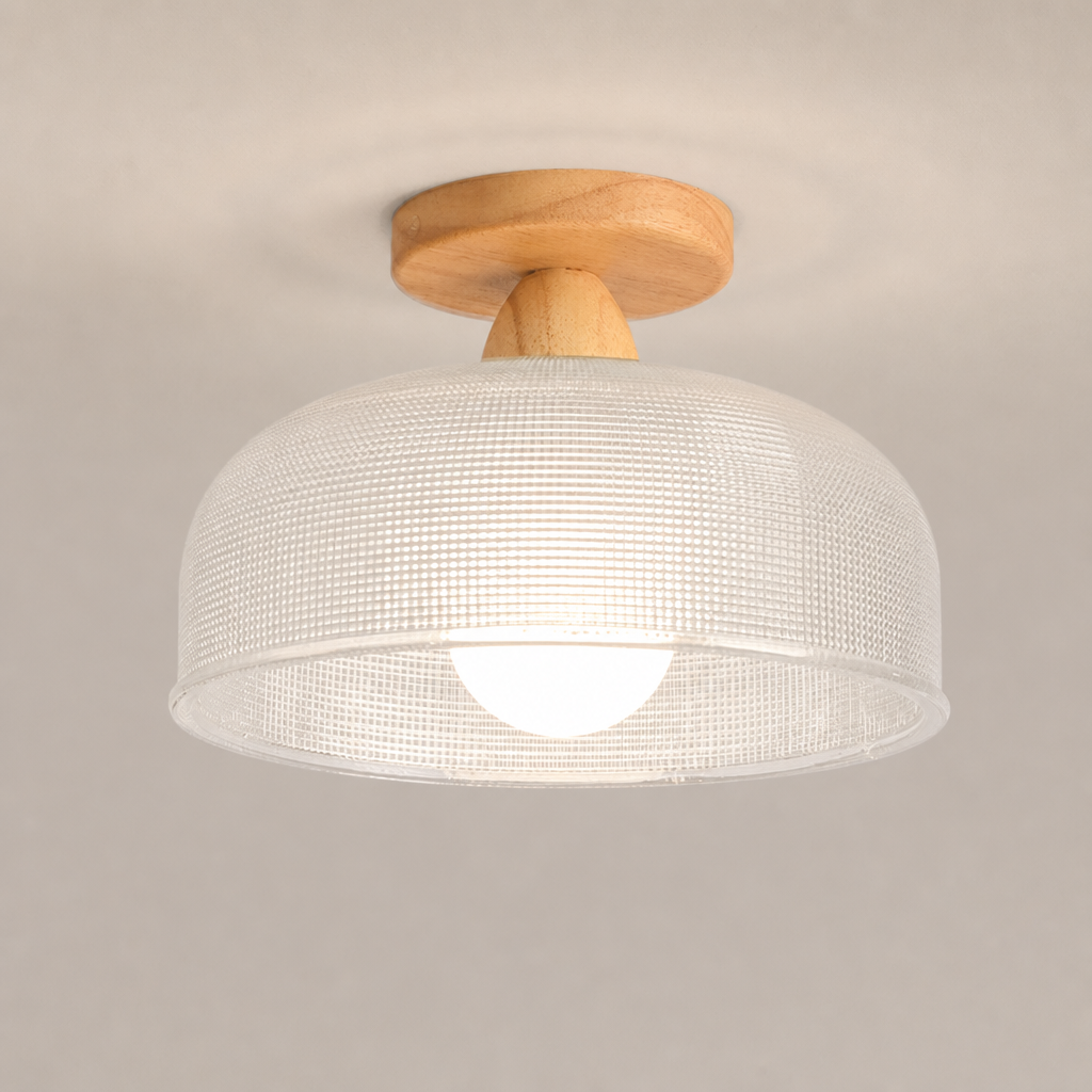 White woven dome ceiling light with wooden mount and glowing bulb on a neutral background.
