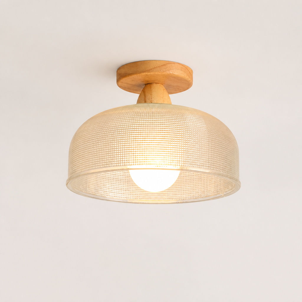 Woven beige ceiling light with wooden mount and glowing bulb on a plain light background.