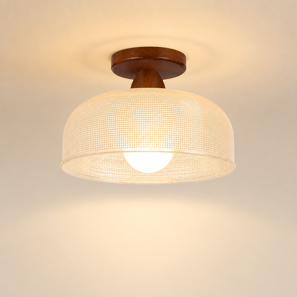 Warm ceiling light with a woven beige shade and wooden mount against a plain ceiling.