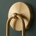 Brushed brass round wall hook with a hanging U-shaped ring on a muted green wall.