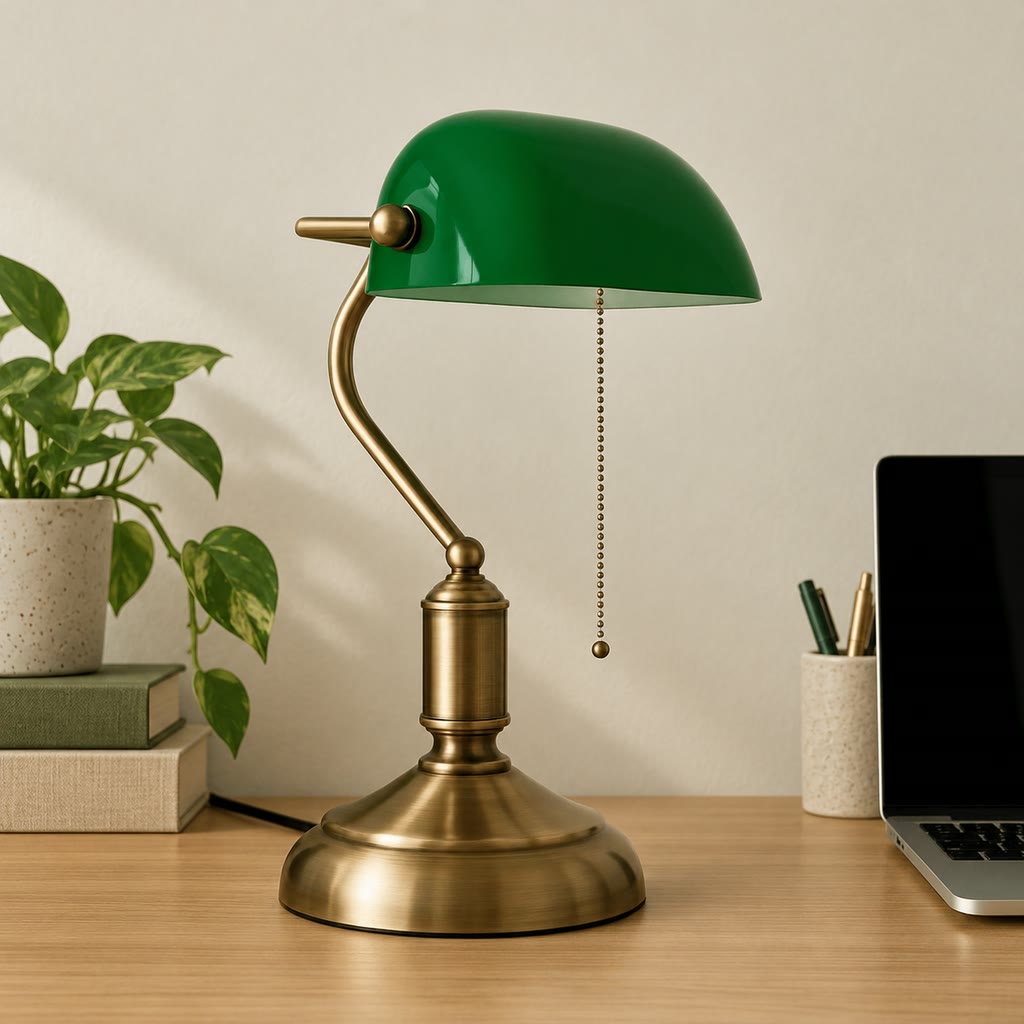 Green banker’s desk lamp beside a laptop