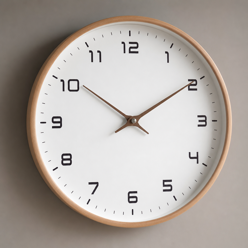 Round wall clock with a wooden rim, white face, black numerals, and brown hands.
