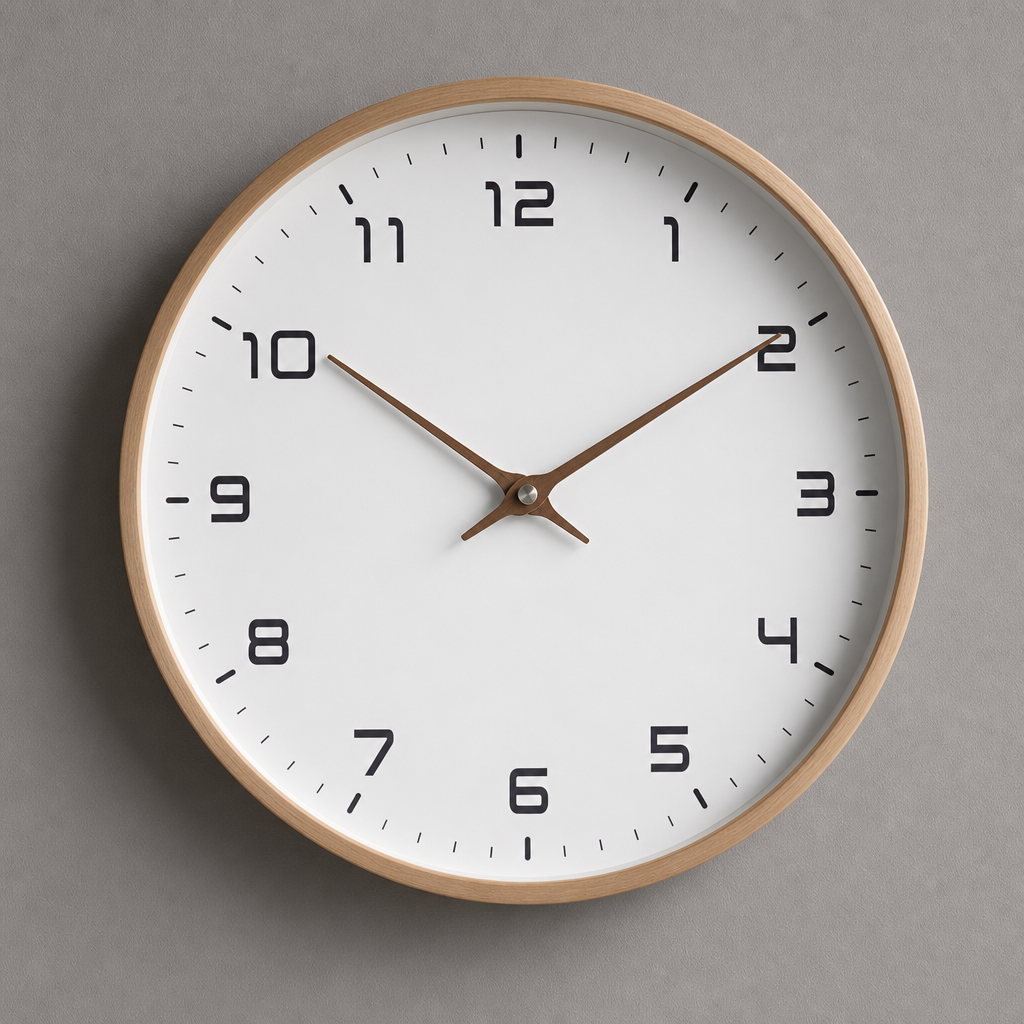 Round wooden wall clock with a white face and brown hands on a gray wall.