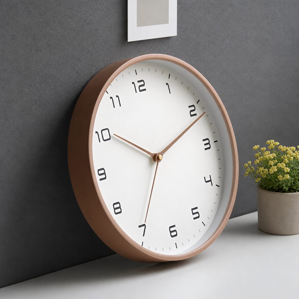 Copper-rimmed round wall clock with black numerals leaning on a white tabletop.