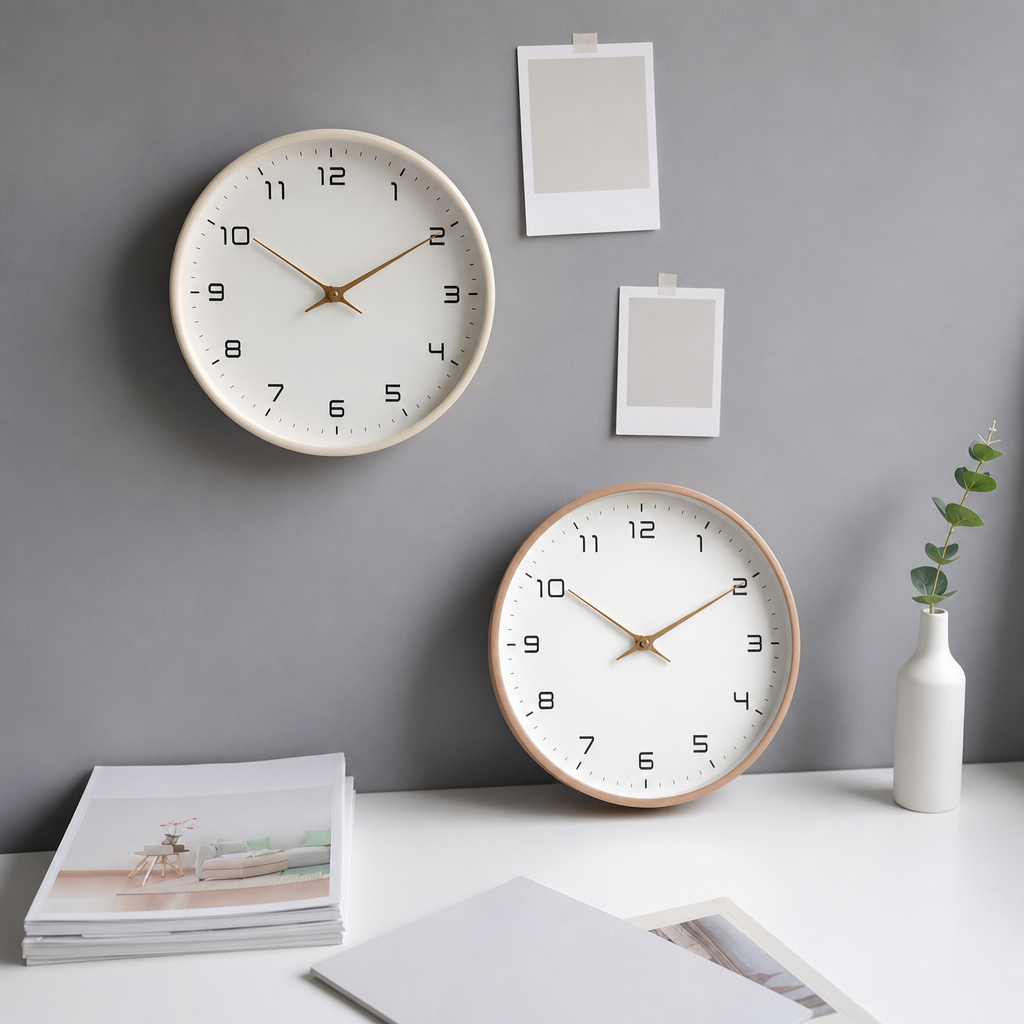 Two minimalist round wall clocks with white faces and gold hands on a gray wall.