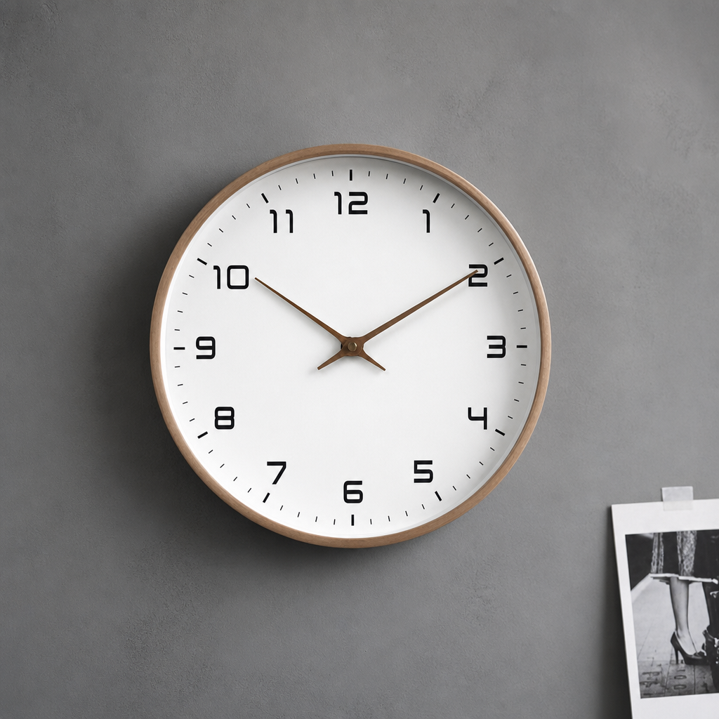 Round wall clock with a wood rim, white face, black numerals, and brown hands on a gray wall.