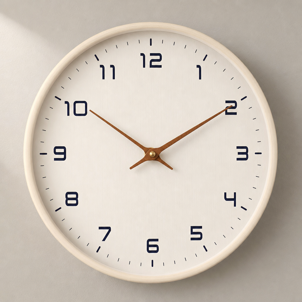 Minimal white wall clock with black numerals and wooden hands on a pale wall.
