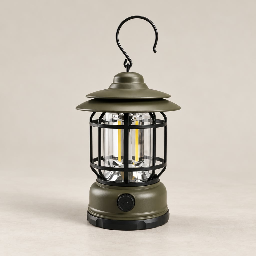 Army Green camping lantern shown unlit on a neutral background.