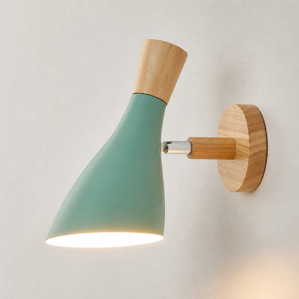 Mint green wall sconce with wooden accents glowing against a light wall.