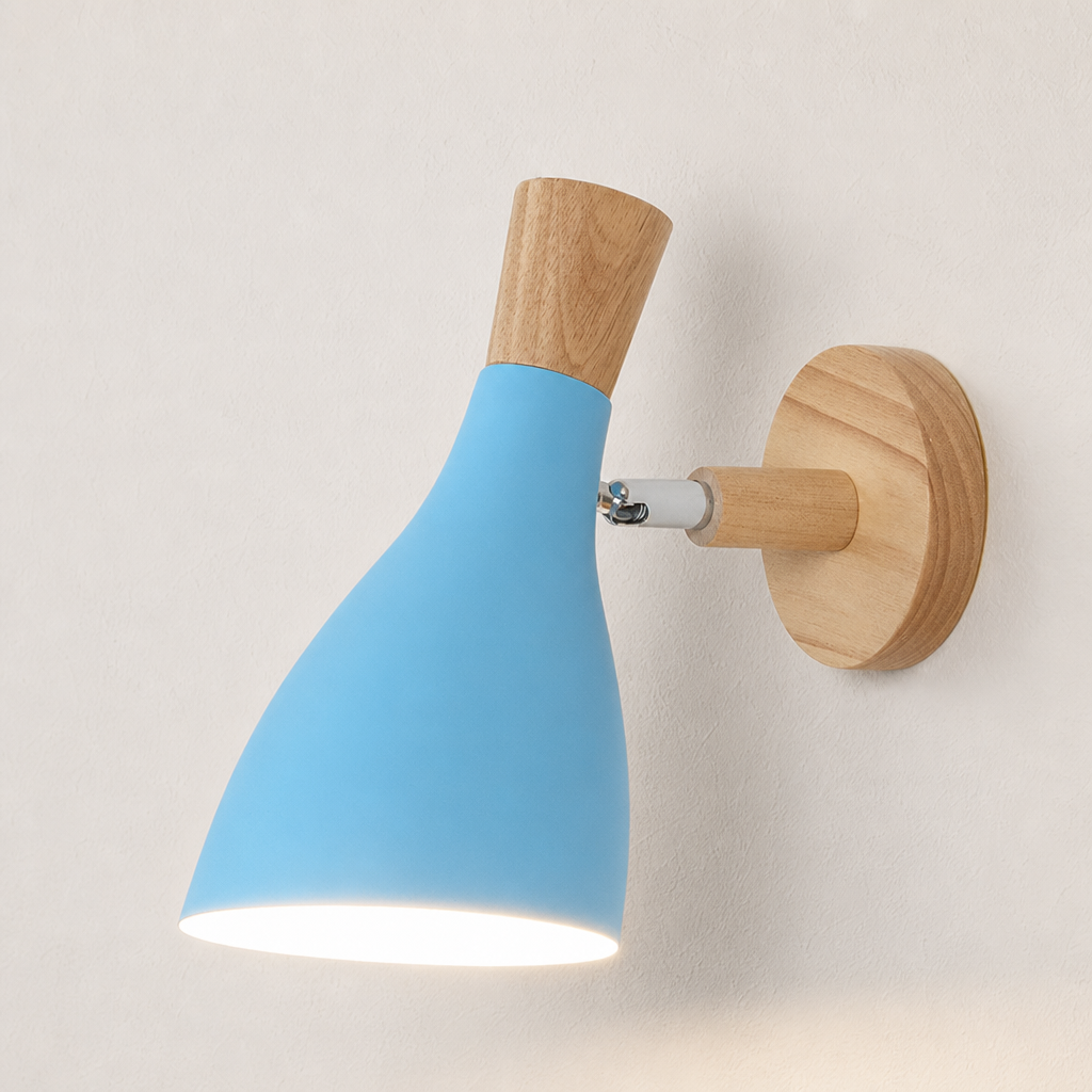 Blue wall sconce with wooden mount and glowing flared shade on a plain wall.