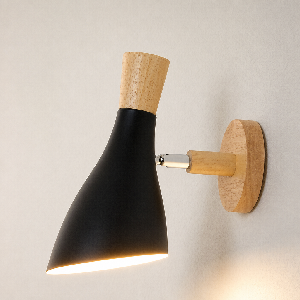 Black and wood wall sconce with cone shade lit against a plain light wall.