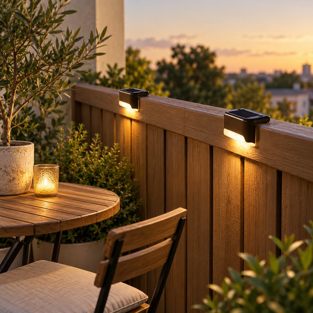 Lights on a timber balcony privacy screen beside a small seating area.