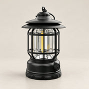 Black rechargeable camping lantern with a protective cage, shown unlit.