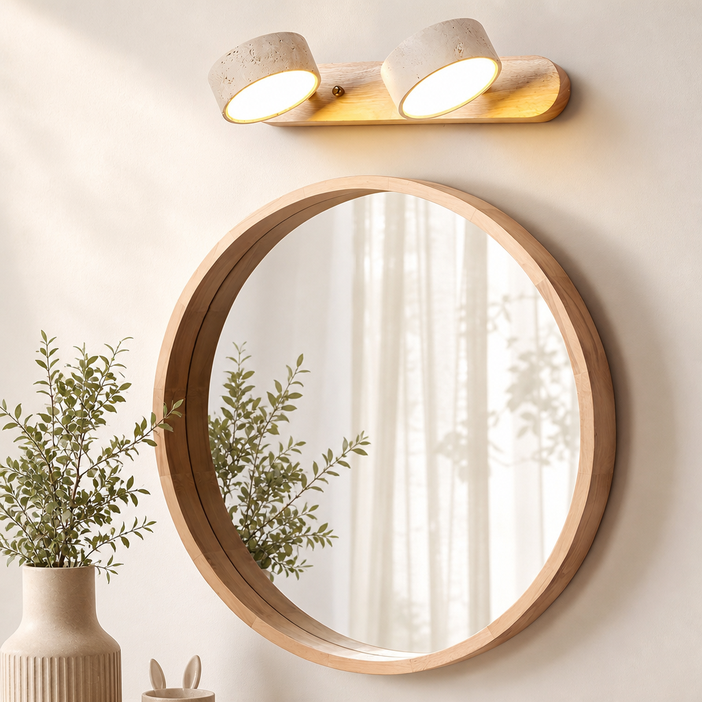 Wooden two-light vanity fixture above a round wood-framed mirror on a soft neutral wall.