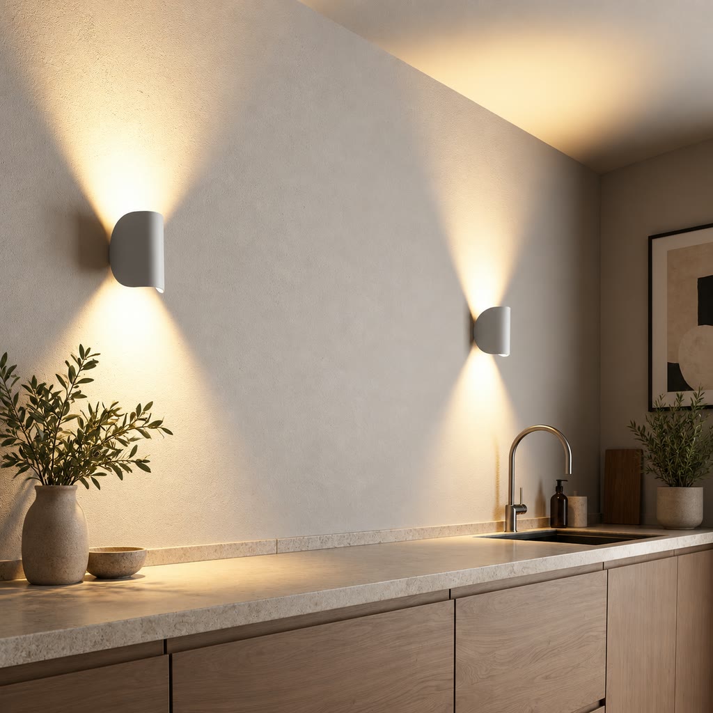 Two white wall lights above a kitchen counter