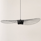 Black wire pendant light with two long wing-like mesh shades on a plain white background.