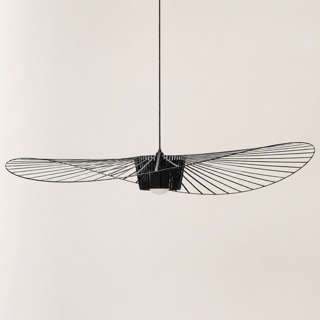 Black wire pendant light with two long wing-like mesh shades on a plain white background.