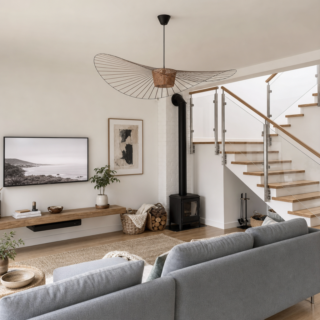 Sculptural wire pendant light above a neutral living room with stairs.