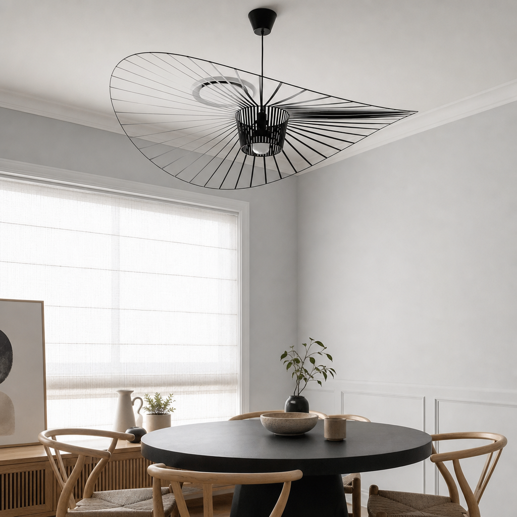 Black wire pendant lamp with a wide sculptural shade above a round dining table.