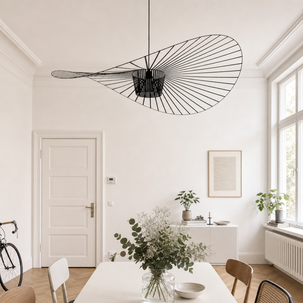 Black wire pendant light shaped like a sweeping leaf in a bright minimalist room.