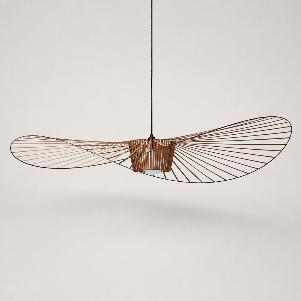 Sculptural wooden wireframe ceiling fan pendant with two elongated oval blades.