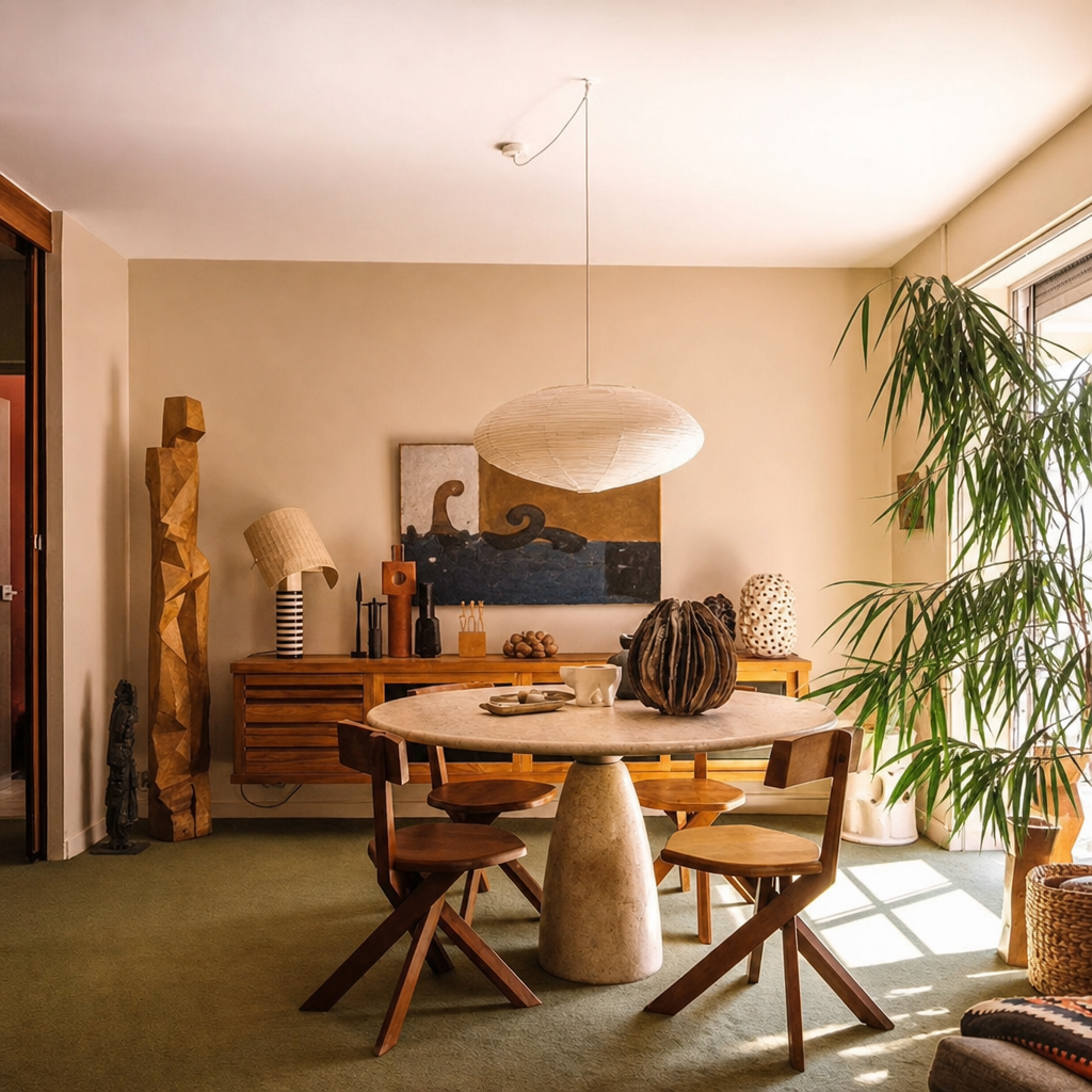 Round stone pedestal dining table with wooden chairs in a warm plant-filled living room.
