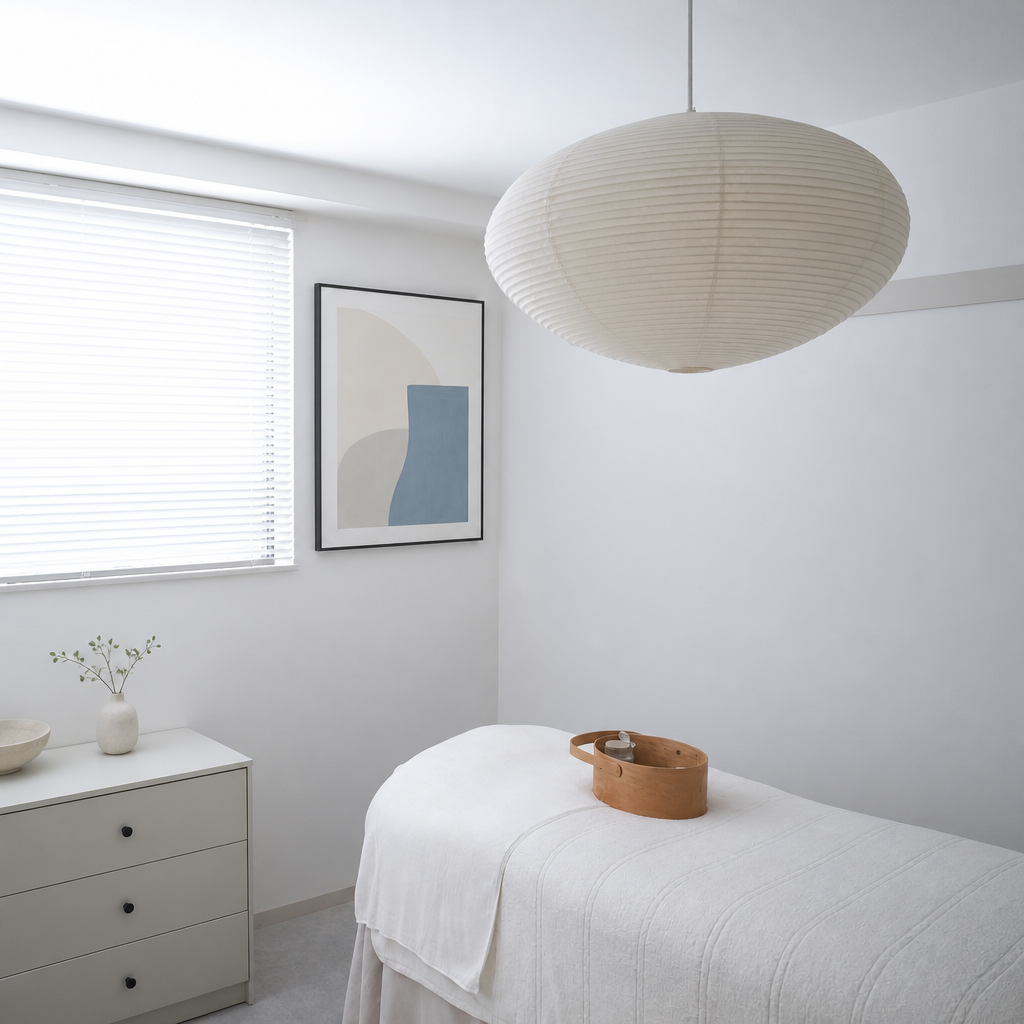 White ribbed paper pendant lamp hanging in a bright minimalist bedroom.