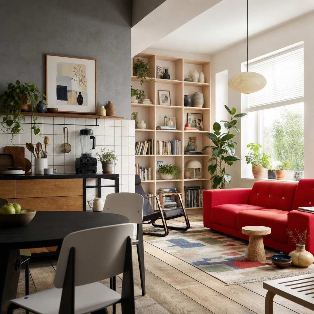 Bright red sofa in a cozy open-plan living room with bookshelves, plants, and a kitchen area.
