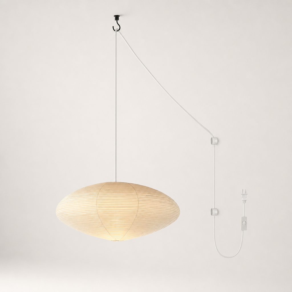 Beige paper pendant lamp with white hanging cord, wall mounts, plug, and inline switch.