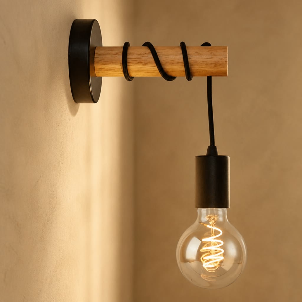 Wooden wall-mounted lamp with black cord and glowing Edison bulb.