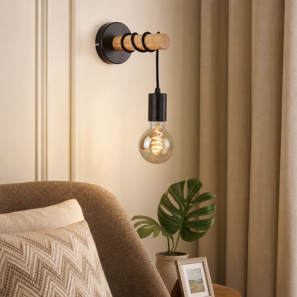 Wall-mounted wooden and black metal lamp with exposed glowing bulb above a sofa.