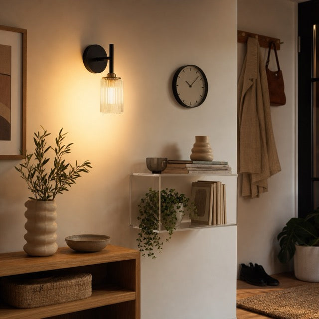 Warm entryway with wall light, shelf, clock, coat rack, and home accents.