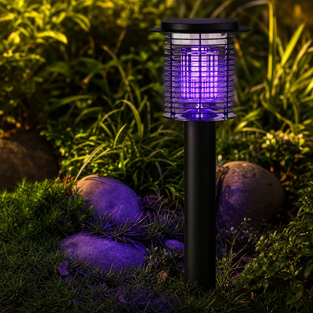 Black garden mosquito zapper lamp with a purple glow among grass and rocks.