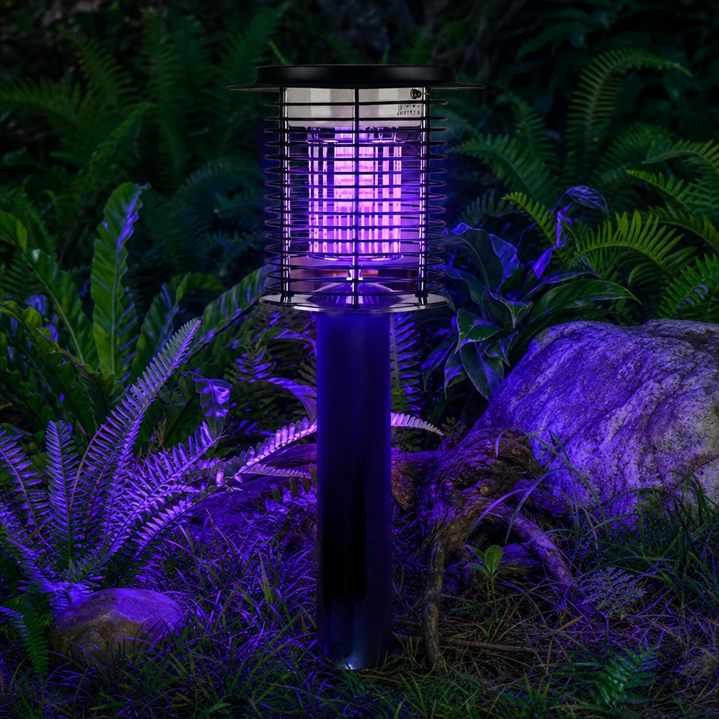 Black outdoor bug zapper lamp glowing purple among garden ferns and rocks.